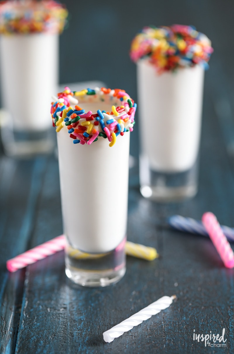 cake flavored party shot with a sprinkled glass rim