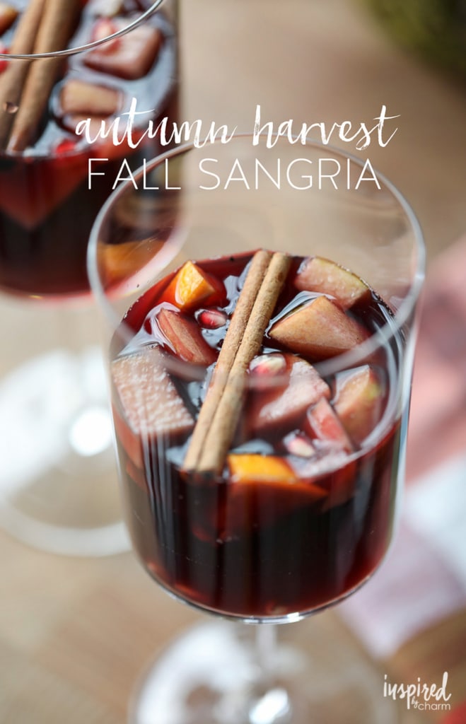 up close photo of a stemmed glass of fall sangria with a cinnamon stick. 