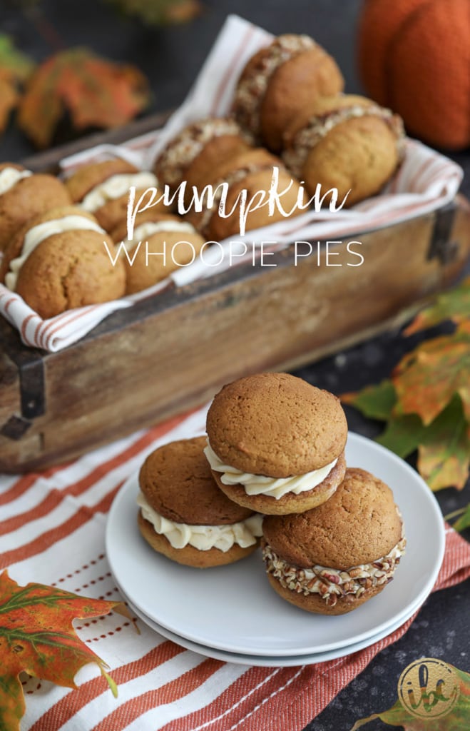 I love these Pumpkin Whoopie Pies with Salted Caramel Cream Cheese Frosting for a delicious fall dessert recipe. #pumpkin #pumpkinspice #fall #baking #dessert #whoopiepie 