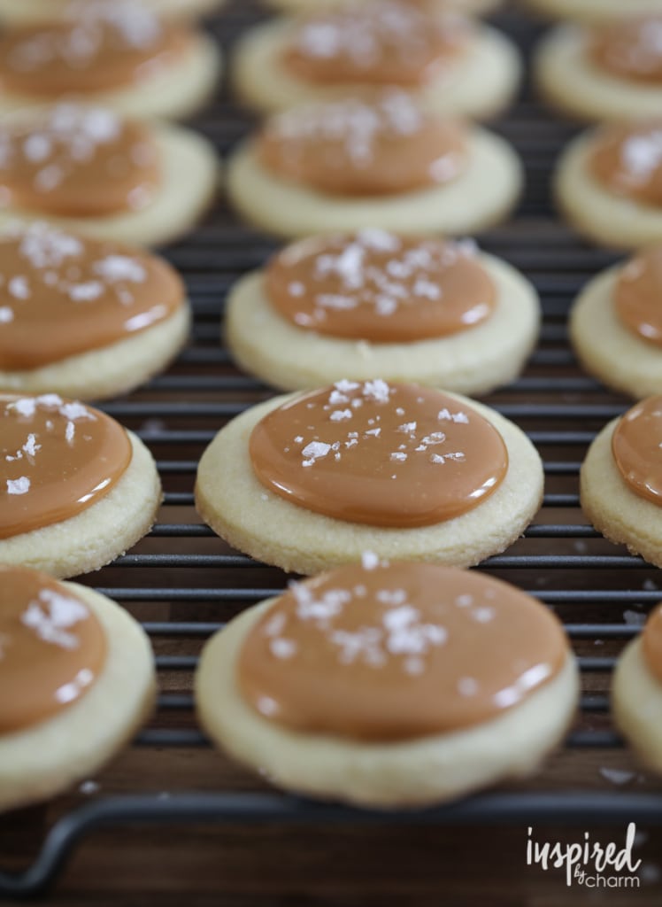 These Salted Caramel Shortbread Cookies are a delicious fall treat. #cookie #saltedcaramel #shortbread #fallcookieweek #fallbaking #dessert #recipe
