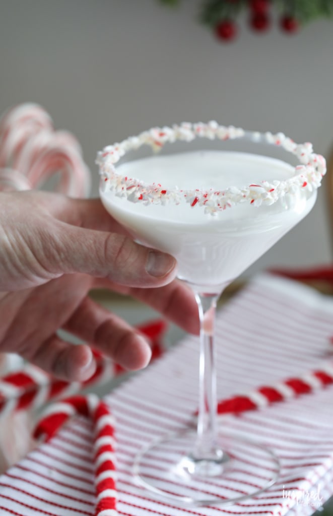 White Chocolate Peppermint Martini with a crushed candy cane rim