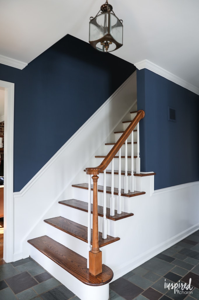 A look at my newly painted entryway. Color: Farrow and Ball Stiffkey Blue