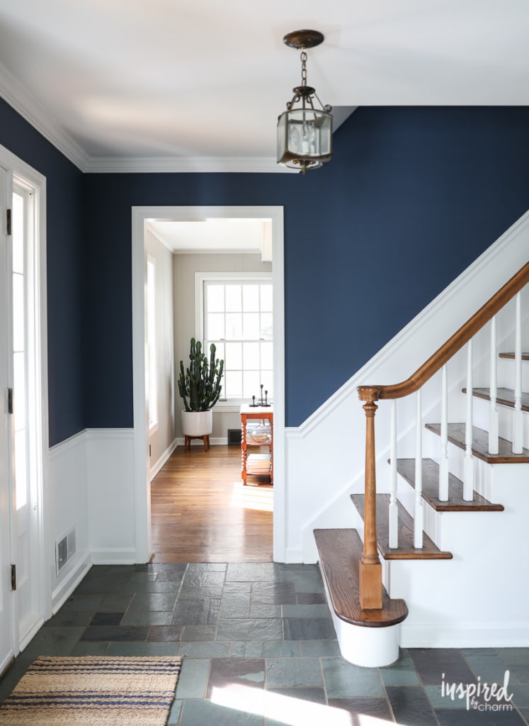 A look at my newly painted entryway. Color: Farrow and Ball Stiffkey Blue