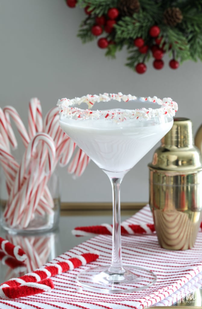 white colored martini with crushed peppermint rim