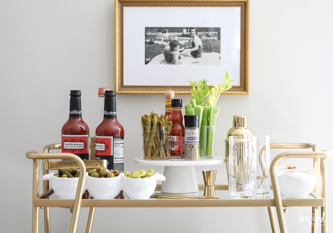 How to style a Bloody Mary Bar Cart #bloodymary #cocktail #barcart #holiday #christmas