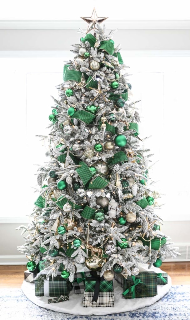 emerald inspired Christmas tree with silver star on top