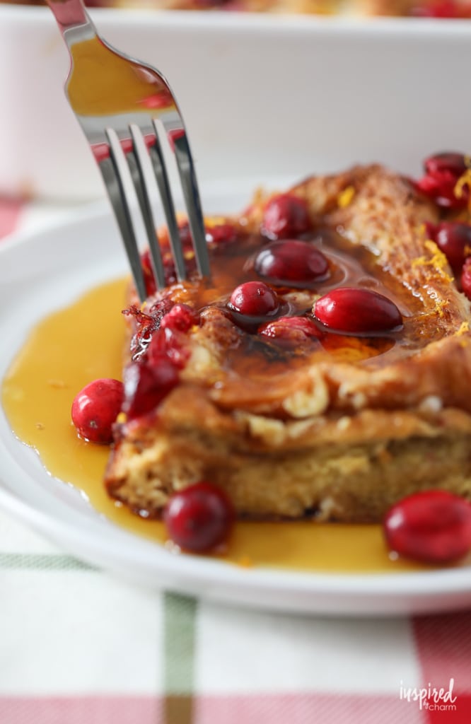 bite of mascarpone cranberry French toast on a fork