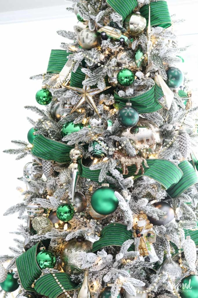 close up of emerald green decorated Christmas tree