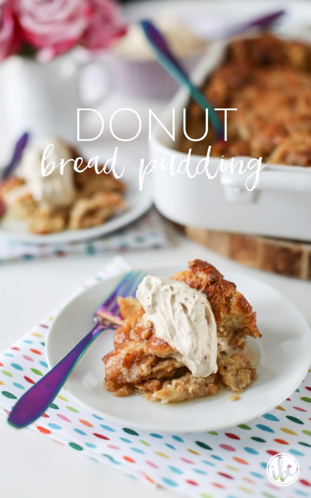 Decadent Donut Bread Pudding for dessert or brunch! #donut #breadpudding #recipe #dessert #breakfast #burnch #recipe