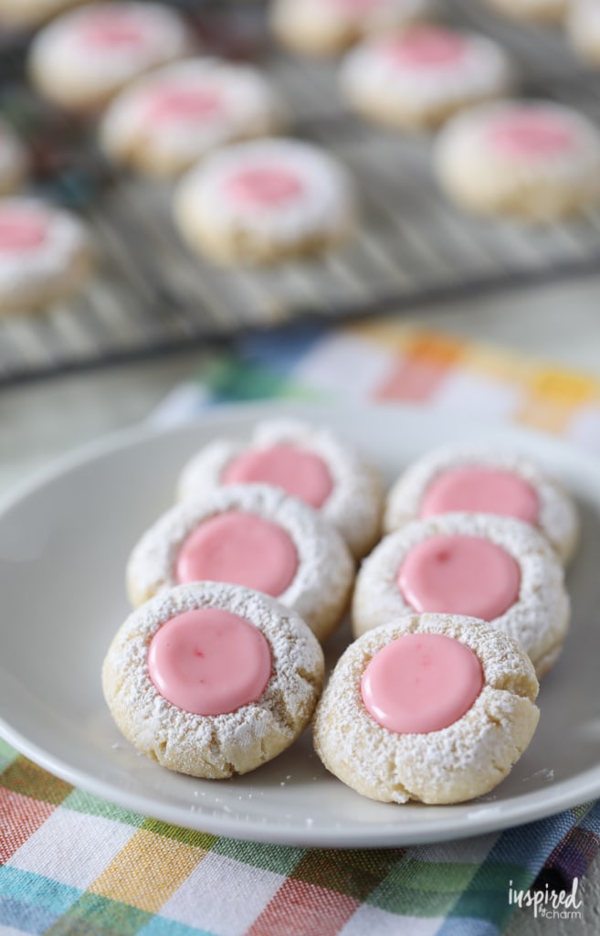 Pink lemonade thumbprint cookies with pink center