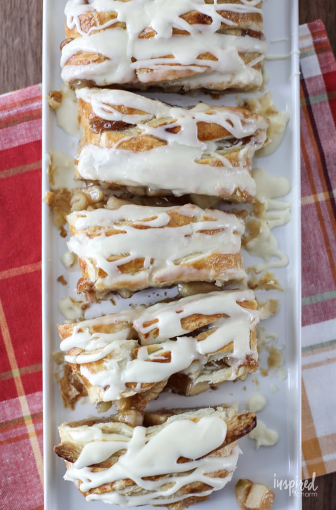 top view of sliced baked apple puff pastry dessert 