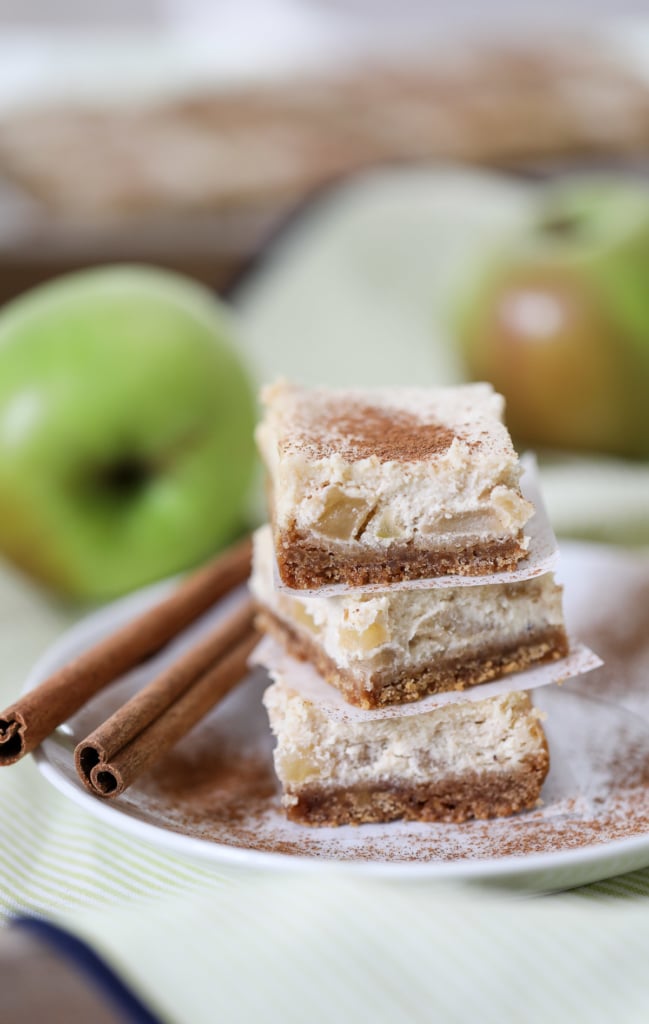 These Cinnamon Apple Cheesecake Bars are a delicious fall dessert recipe. #apple #cinnamon #cheesecake #bars #dessert #recipe #fallbaking #apples