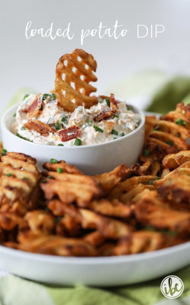 This Loaded Potato Dip served with waffle fries make a delicious and easy appetizer recipe. #loaded #baked #potato #dip #appetizer #recipe #wafflefries 