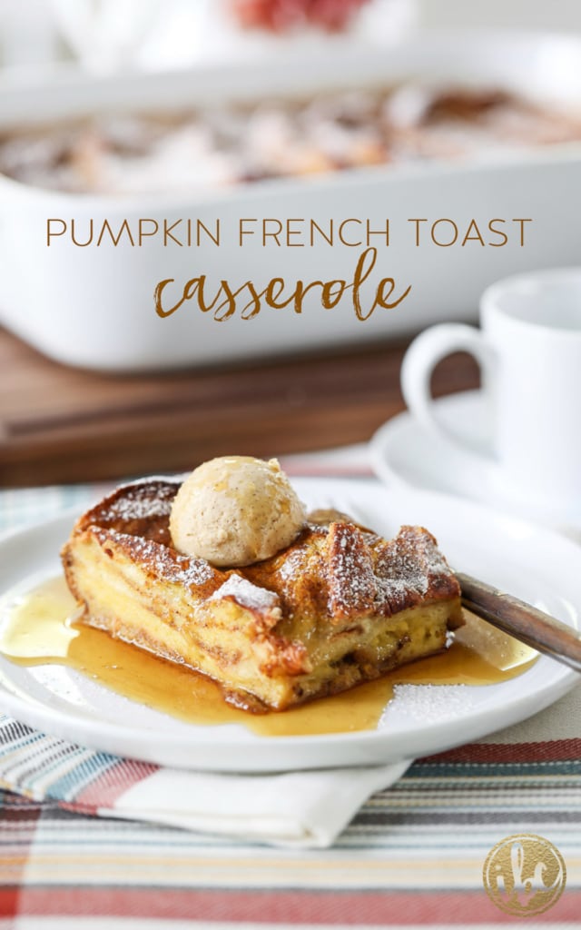 pumpkin french toast casserole served on a plate with maple syrup.