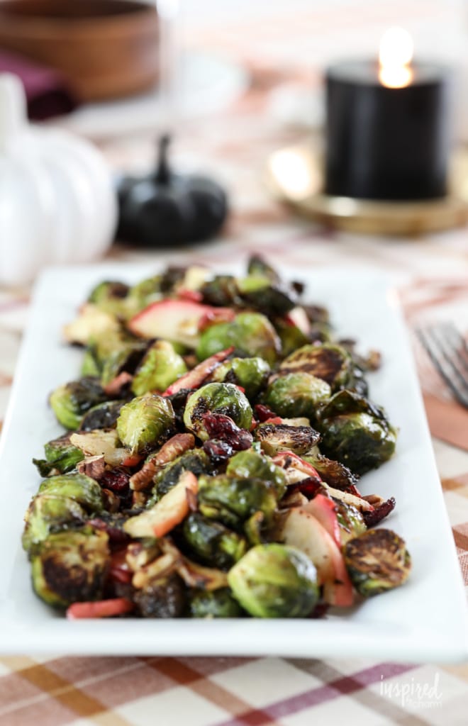 platter of roasted Brussels sprouts for Thanksgiving side dishes