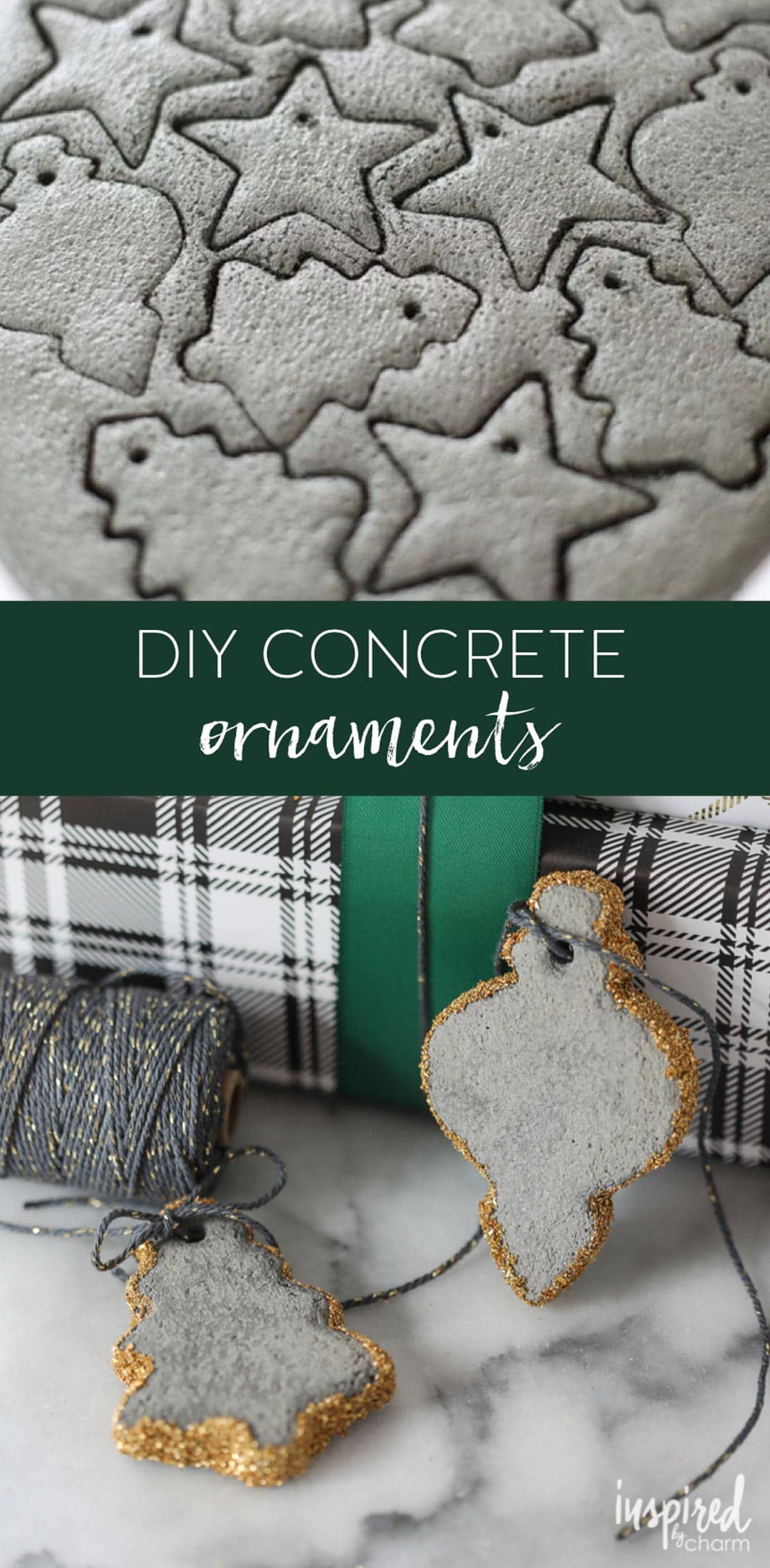 Learn how to make these DIY Concrete Oraments #christmas #ornaments #holiday #craft #concrete #modern #DIY #ornament #christmastree