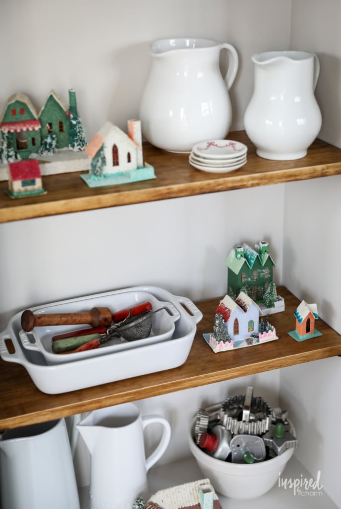 Vintage Christmas Cabinet Decorating Ideas #christmas #vintage #putz #holiday #decor #ideas