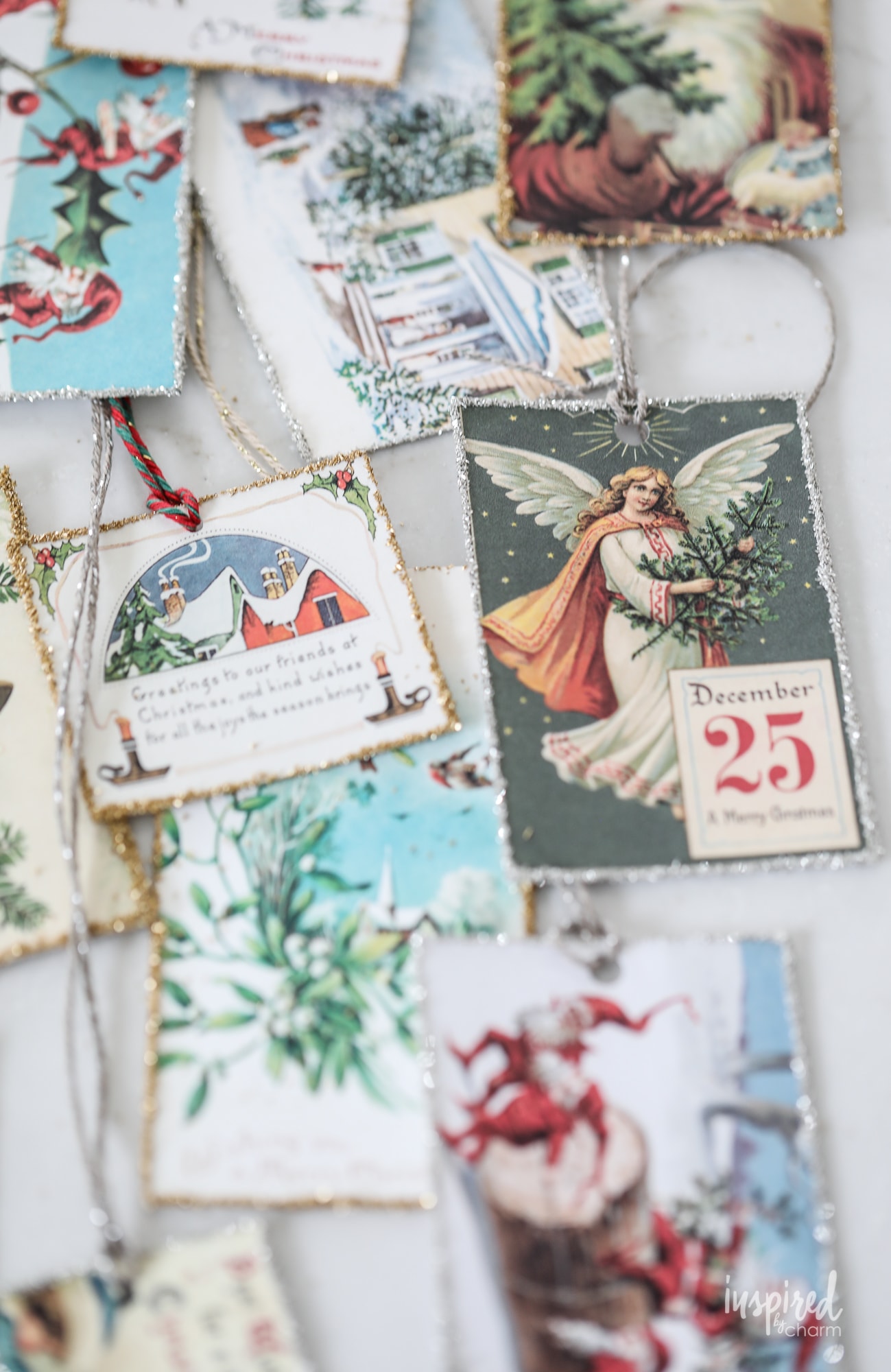 Vintage-Inspired Christmas Gift Tags with glitter edge.