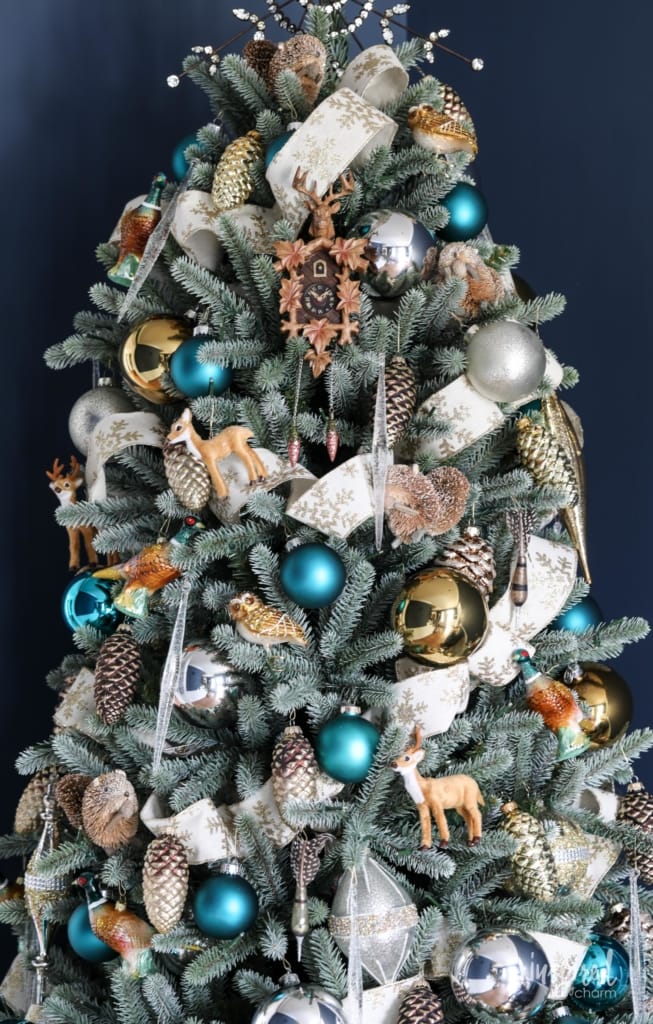 gold and teal themed woodland Christmas tree decorating ideas