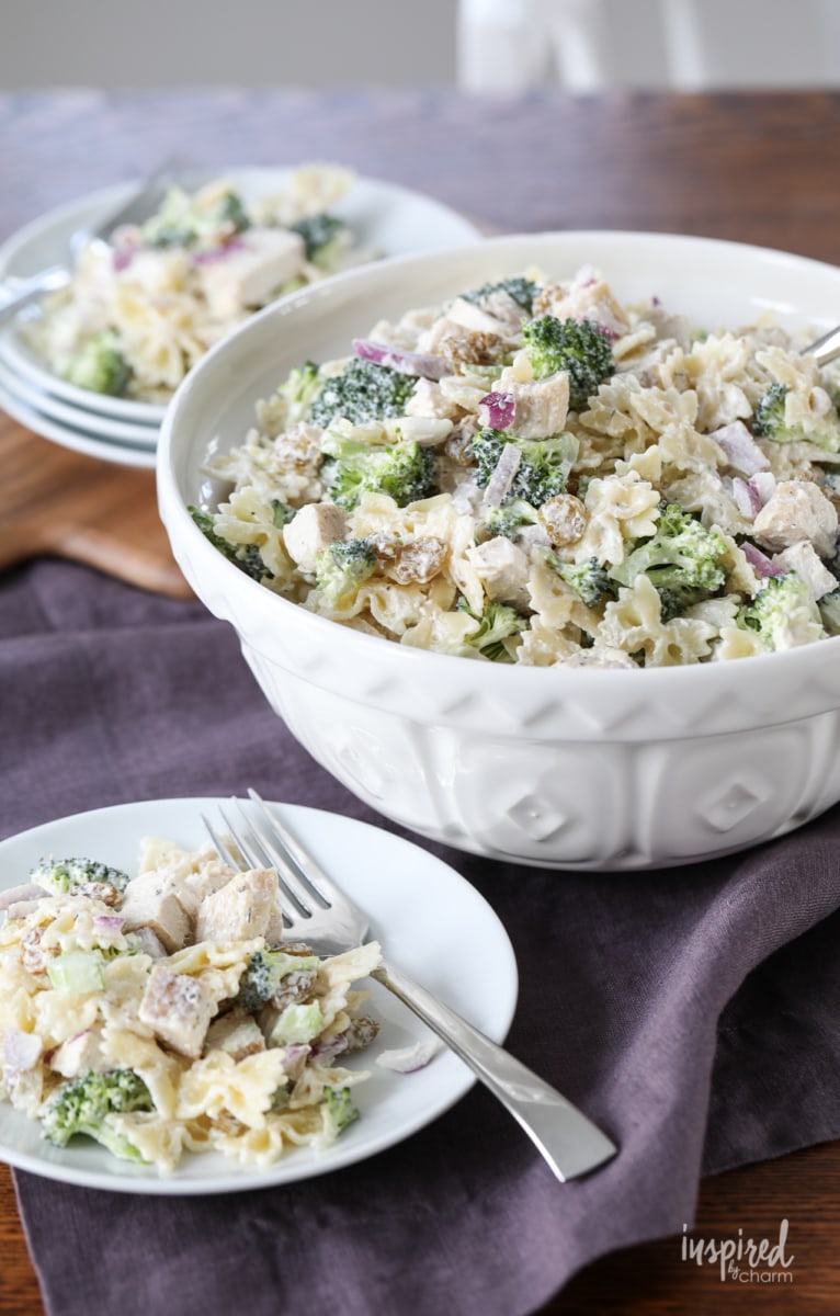 This Broccoli and Chicken Pasta Salad is a unique and delicious pasta salad recipe. #broccoli #chicken #pastasalad #pasta #sidedish #salad #side #recipe