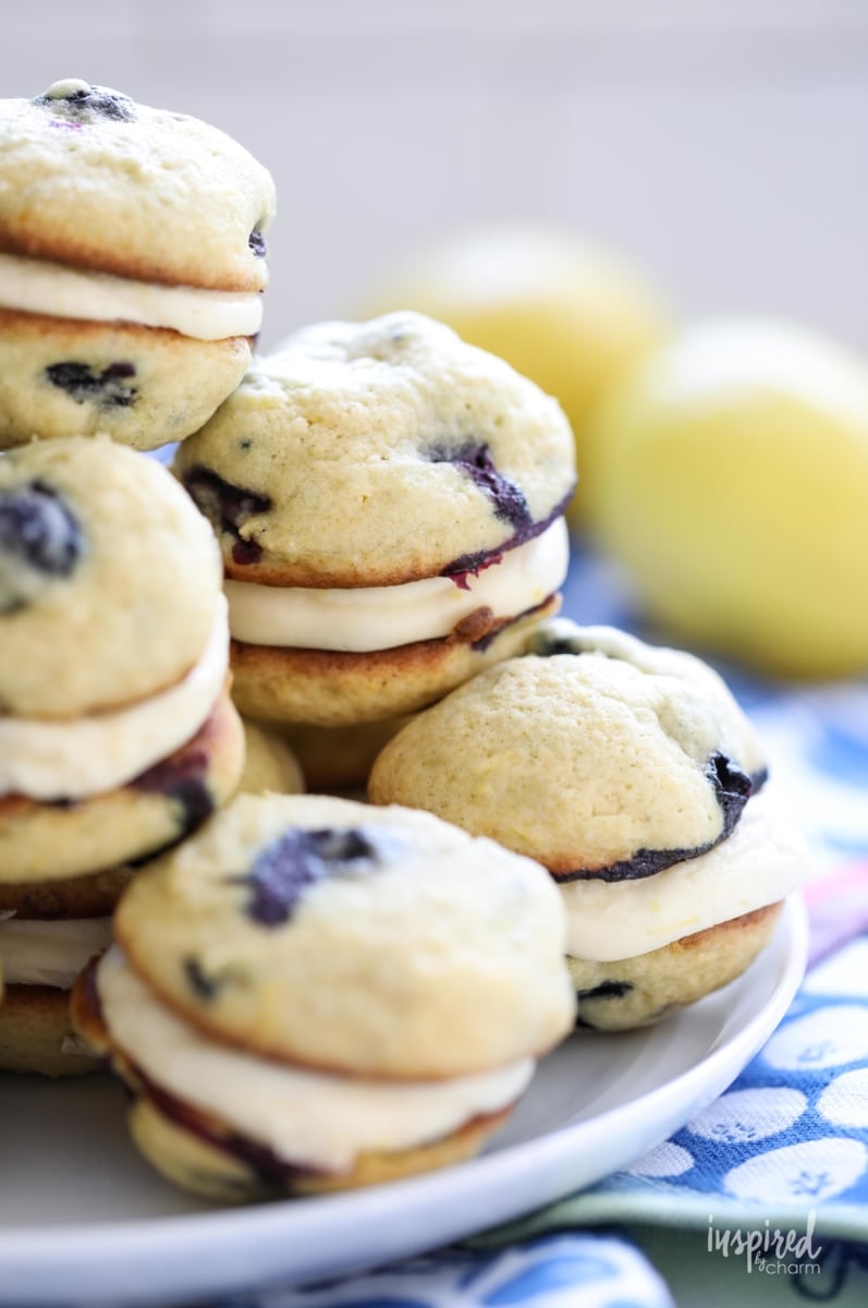 Blueberry Lemon Whoopie Pies on a plate. 