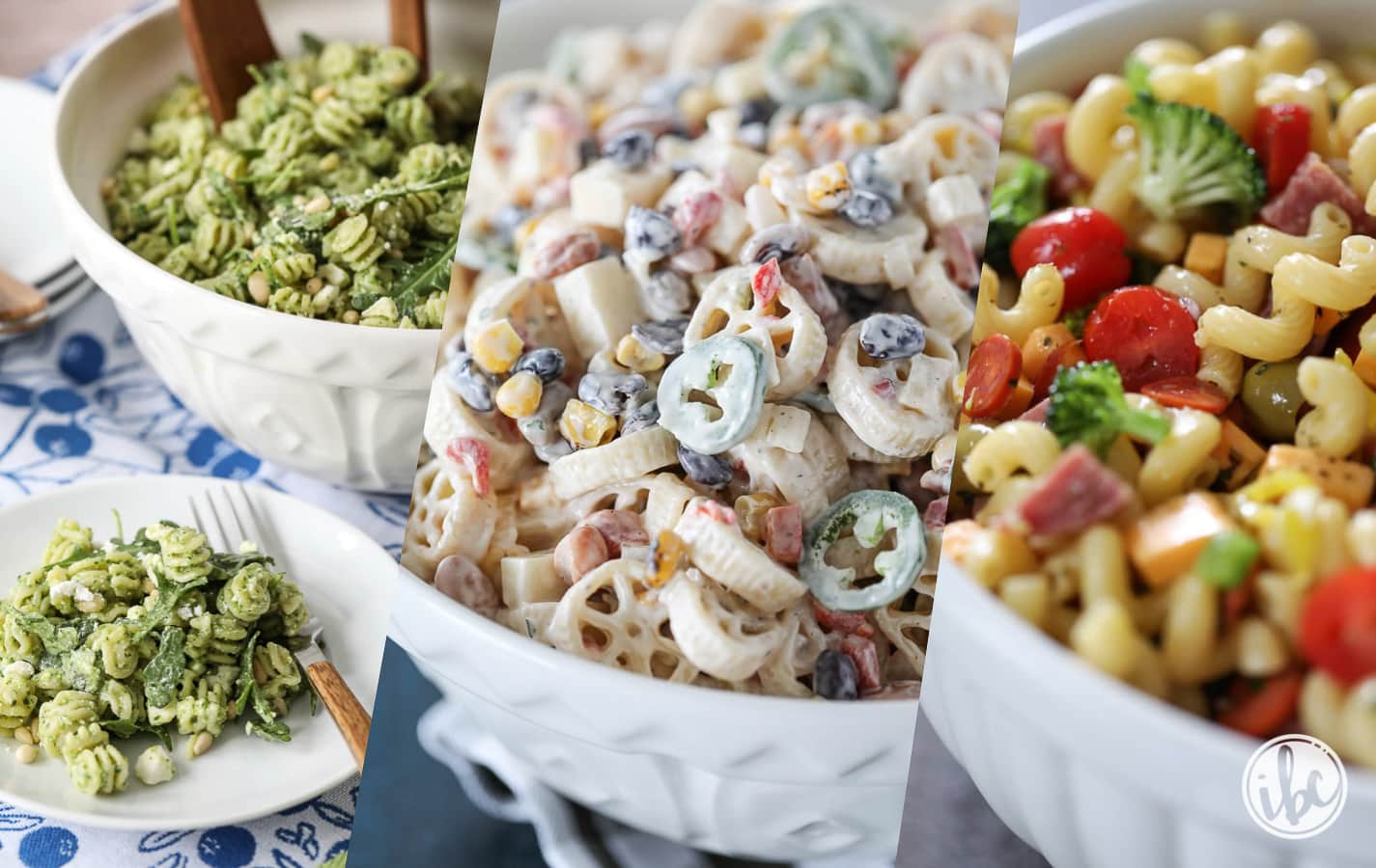 three pasta salad recipes Pinterest image.
