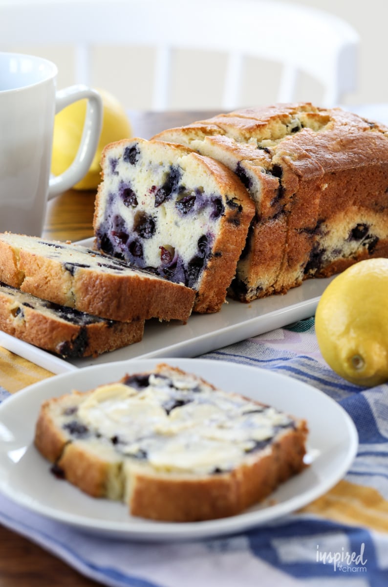 Lemon and Blueberry Bread on a plate. 