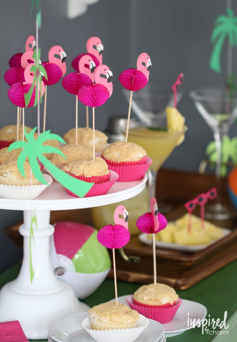 Pineapple Cupcakes with Coconut Cream Cheese Frosting #cupcakes #pineapple #coconut #creamcheese #frosting #flamingo #tropical #beach #party
