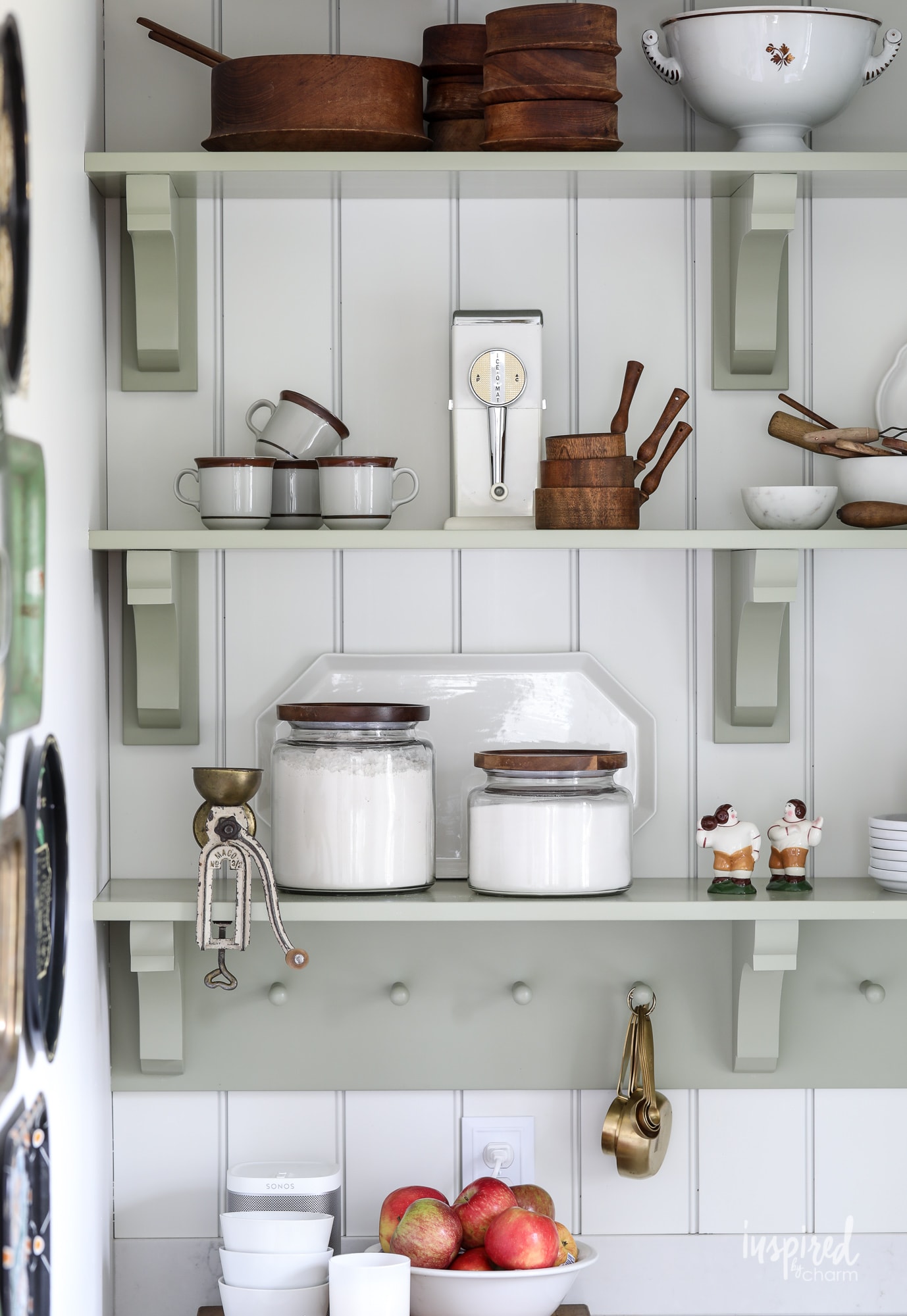 butler's pantry open shelves with decor painted Sherwin-Williams sage.