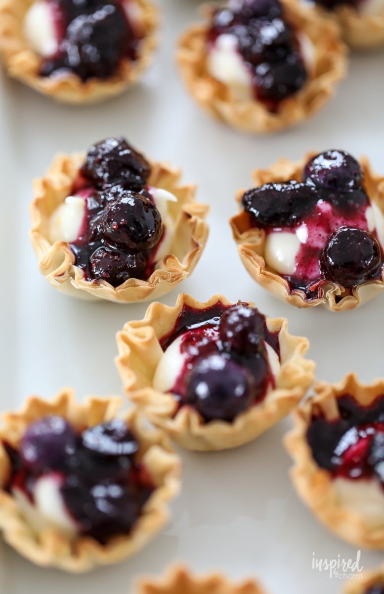 mini blueberry cheesecakes bites on a plate.