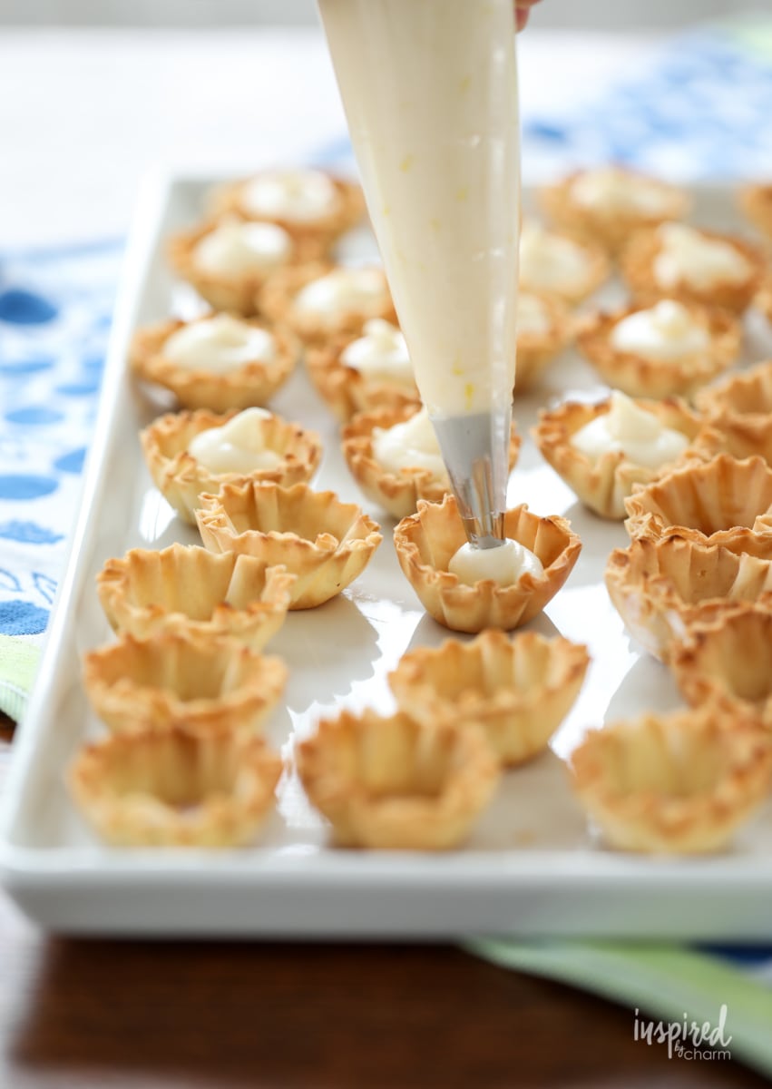 piping cheesecake into min phyllo cups. 