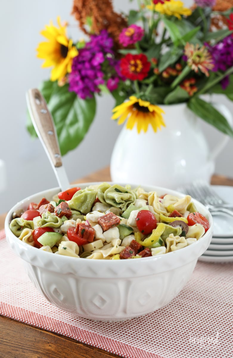 tortellini pasta salad in a large bowl. 