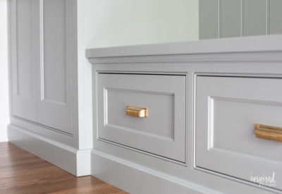 Entryway Cabinetry and Bench Reveal - Farrow and Ball Pigeon #entryway #cabinets #cabinetry #entrywaybench #custom