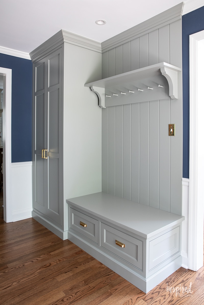 Entryway Cabinetry and Bench Reveal - Farrow and Ball Pigeon #entryway #cabinets #cabinetry #entrywaybench #custom 
