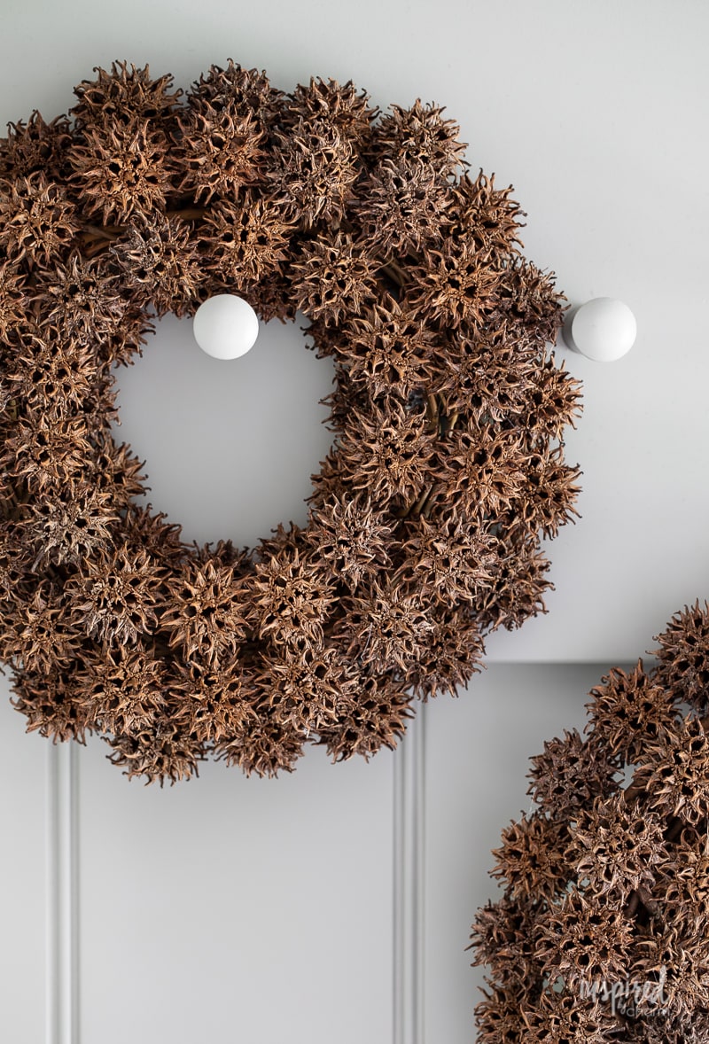 close up of a Sweetgum ball wreath for fall.