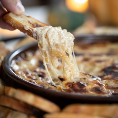 Baked Caramelized Onion Dip in pan.