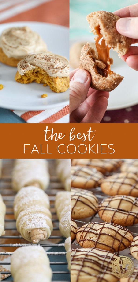 pinterest image with title text and pictures of four fall cookies.