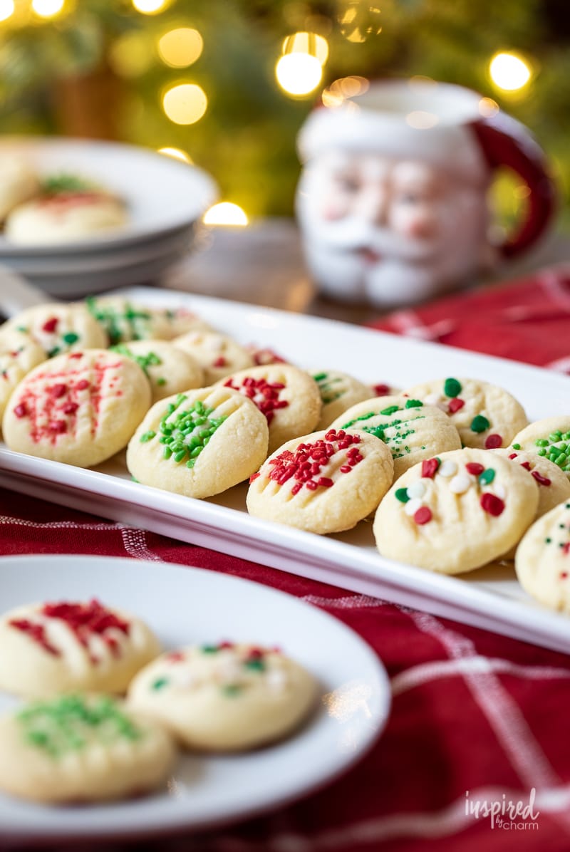 whipped shortbread cookies with Christmas colored sprinkles