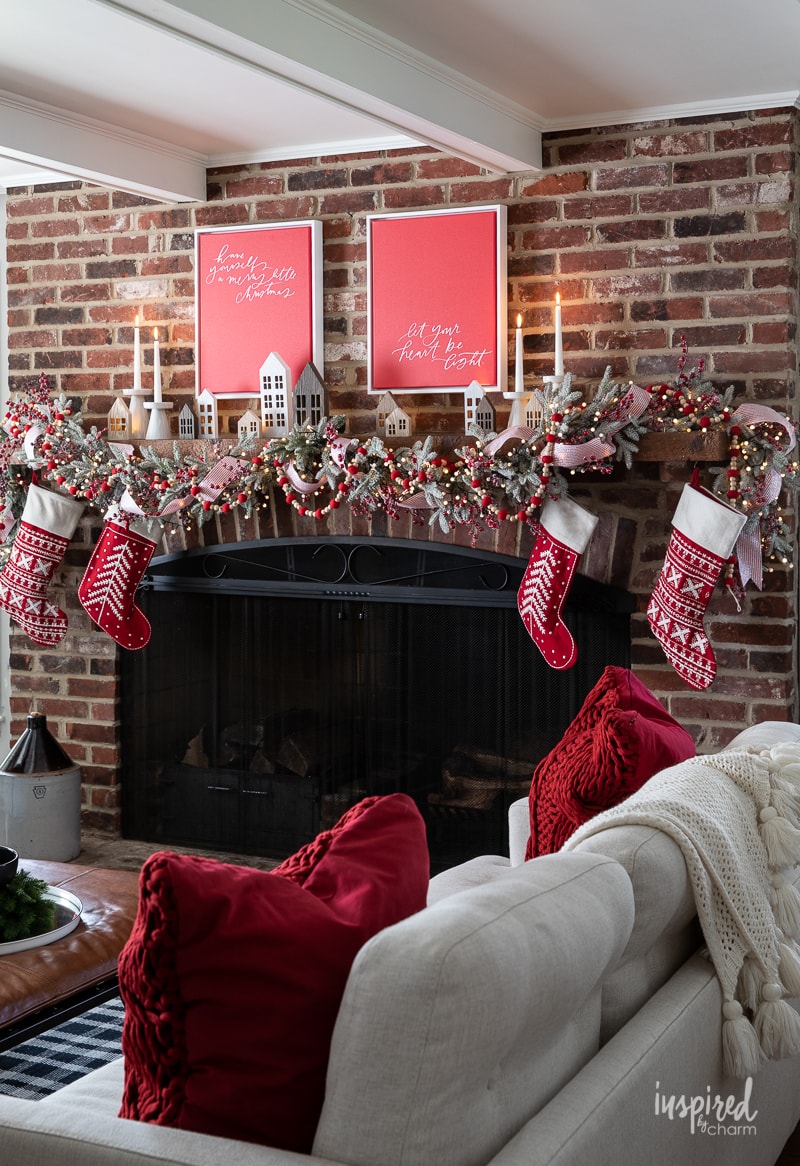 red and white Nordic Christmas mantel decor