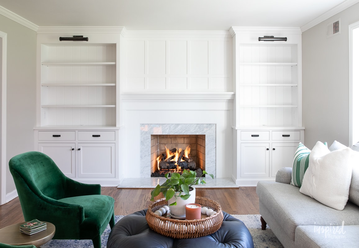 living room cabinetry reveal - bookcase, built-ins, mantel