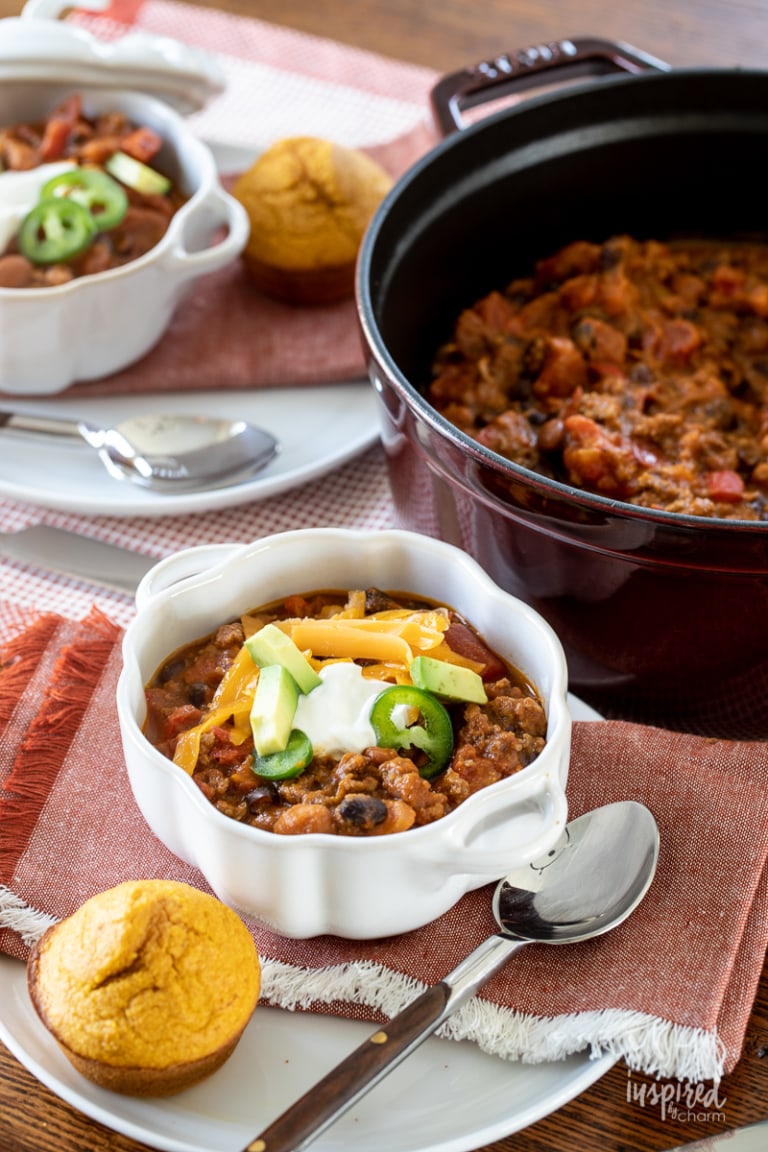 Pumpkin Chili - easy fall chili recipe served with Pumpkin Corn Muffins!
