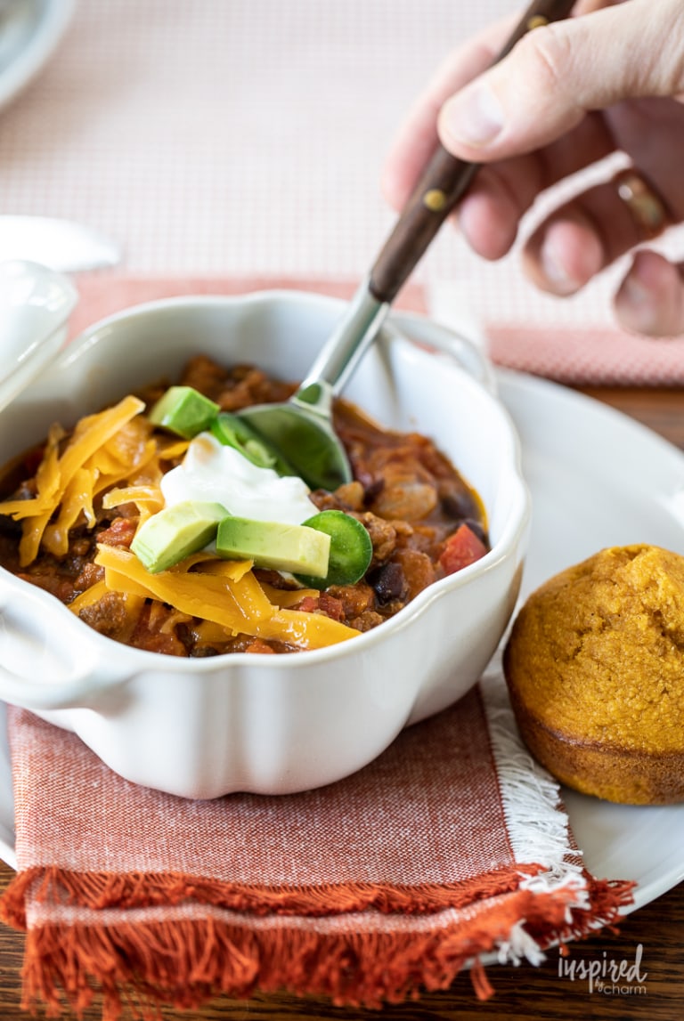 Pumpkin Chili - easy fall chili recipe served with Pumpkin Corn Muffins!