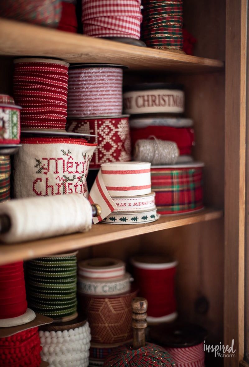 My Christmas Ribbon Cabinet #christmas #ribbon #wrapping #decor #decorations #holiday #christmasribbon 