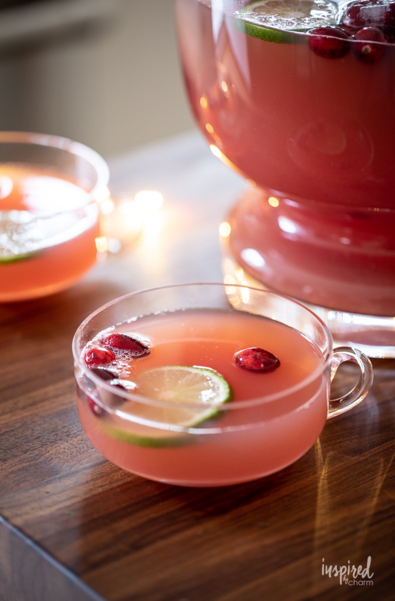 a glass of pink hued holiday punch