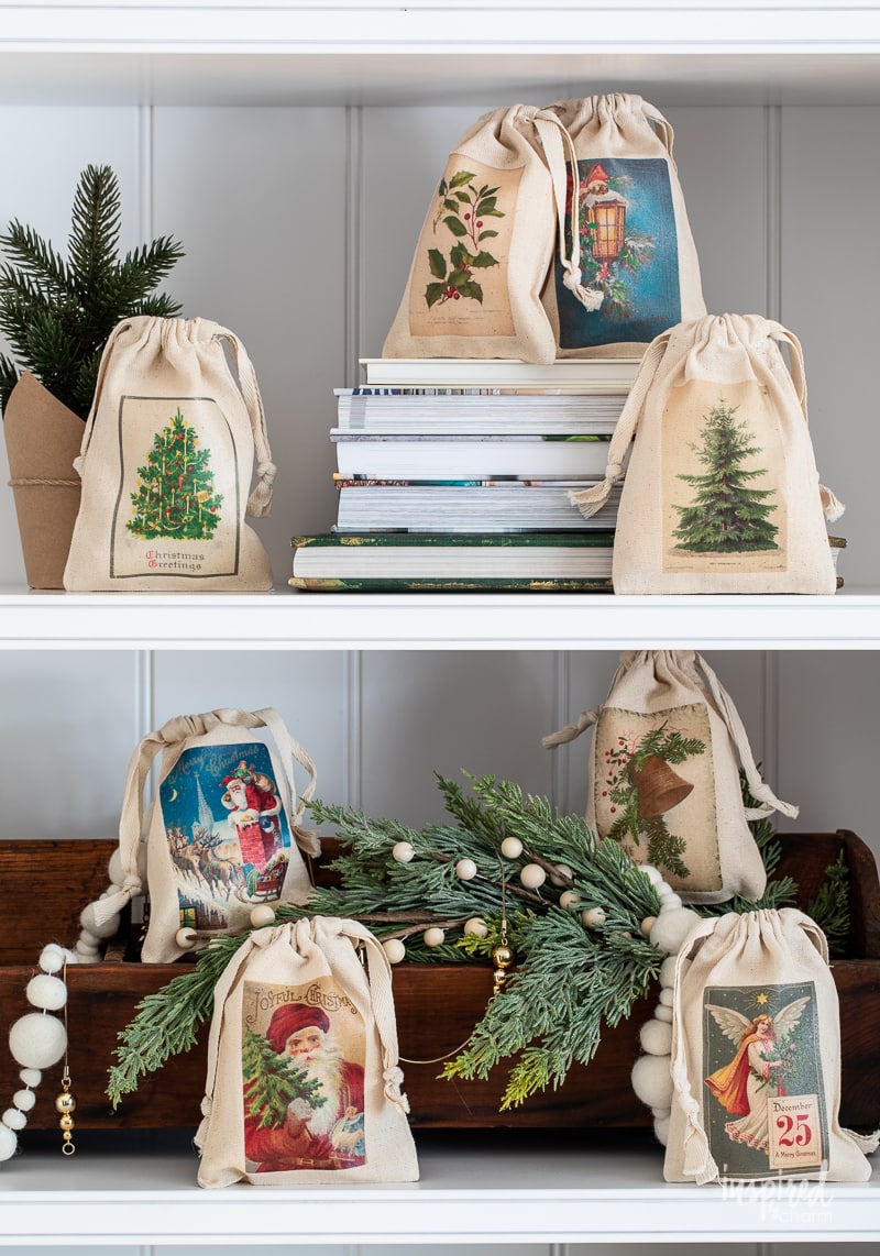 Vintage-Inspired Christmas Gift Bags used as Christmas decor