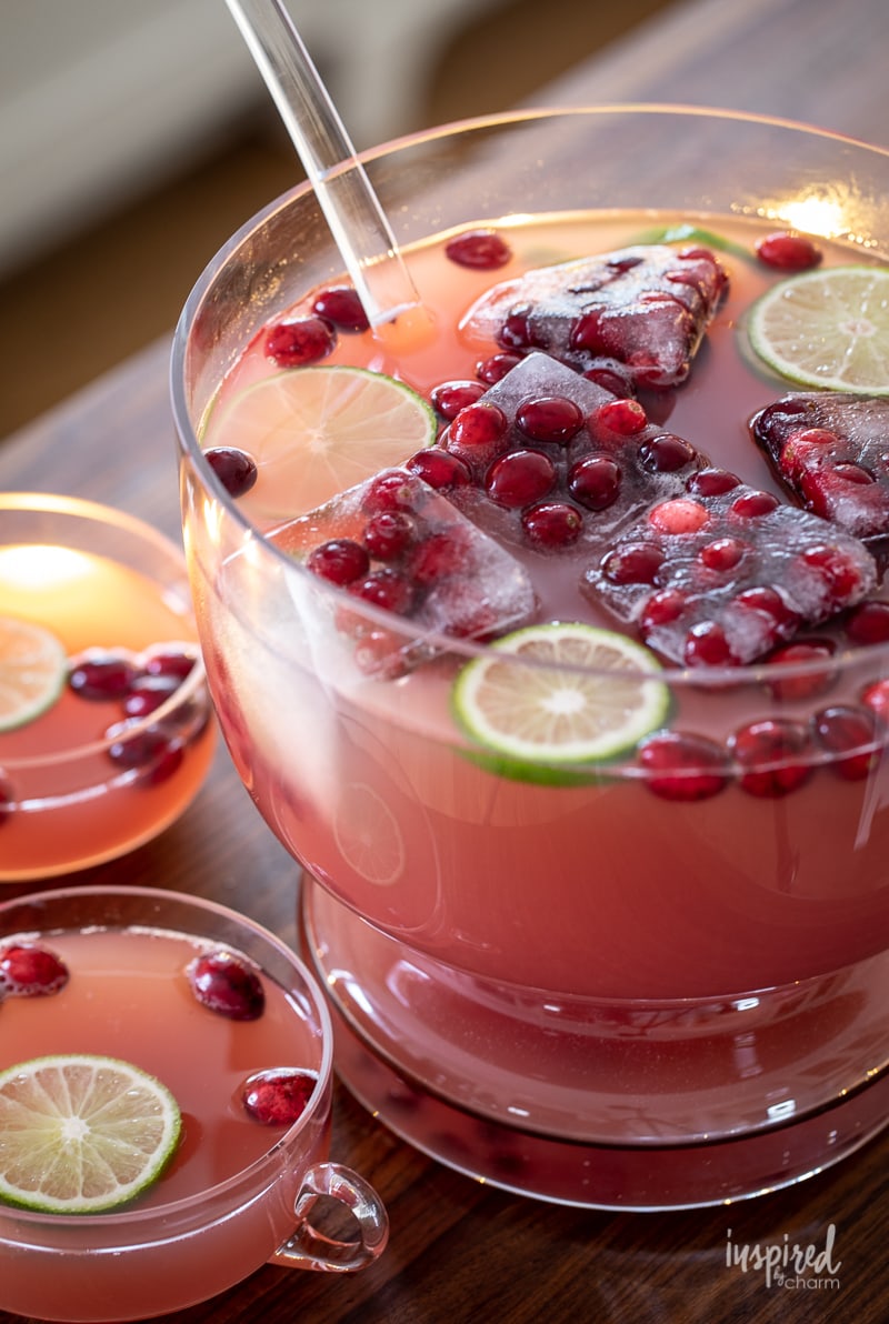 bowl of holiday punch with cranberries and lime slices