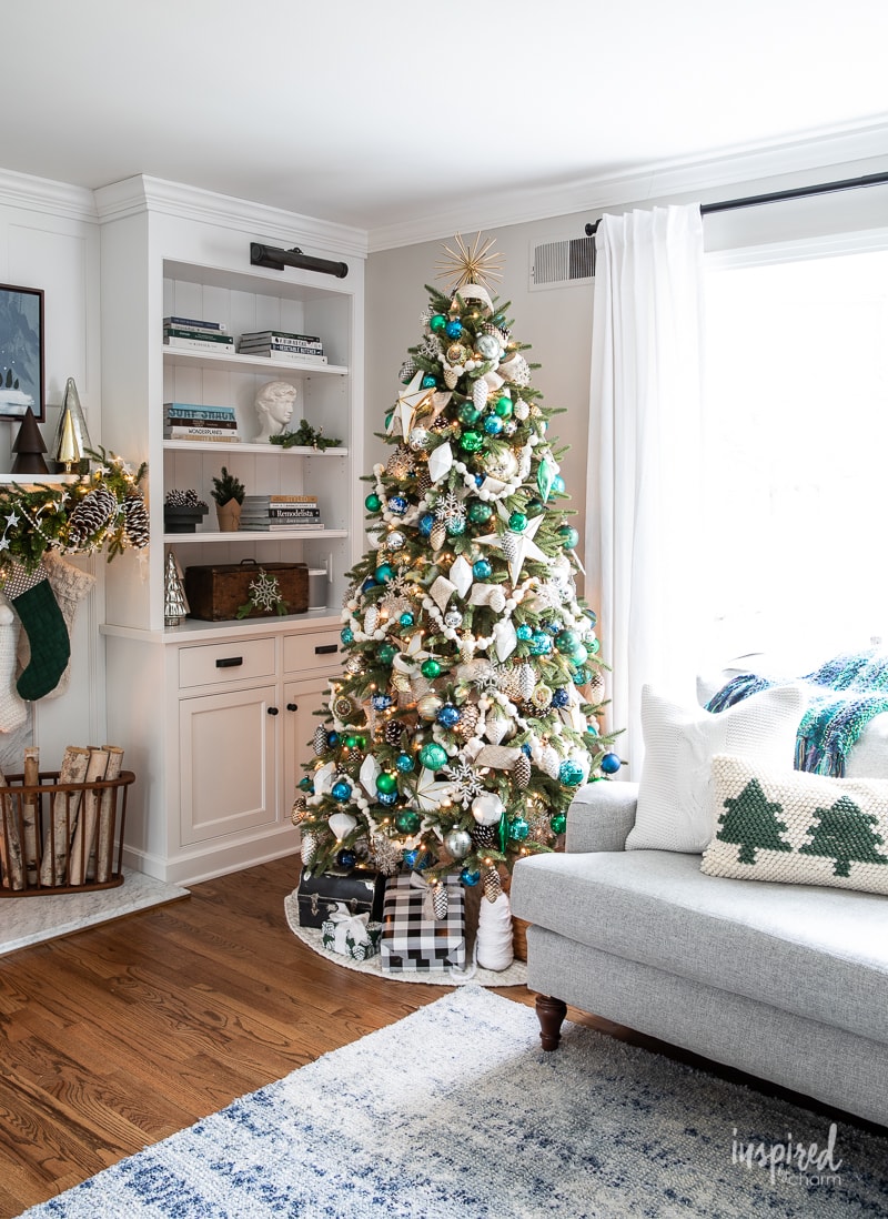 Blue, Green, and White Living Room Christmas Tree