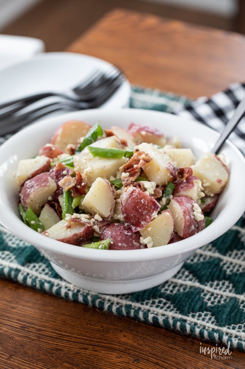 Bacon and Blue Cheese Potato Salad in a bowl. 