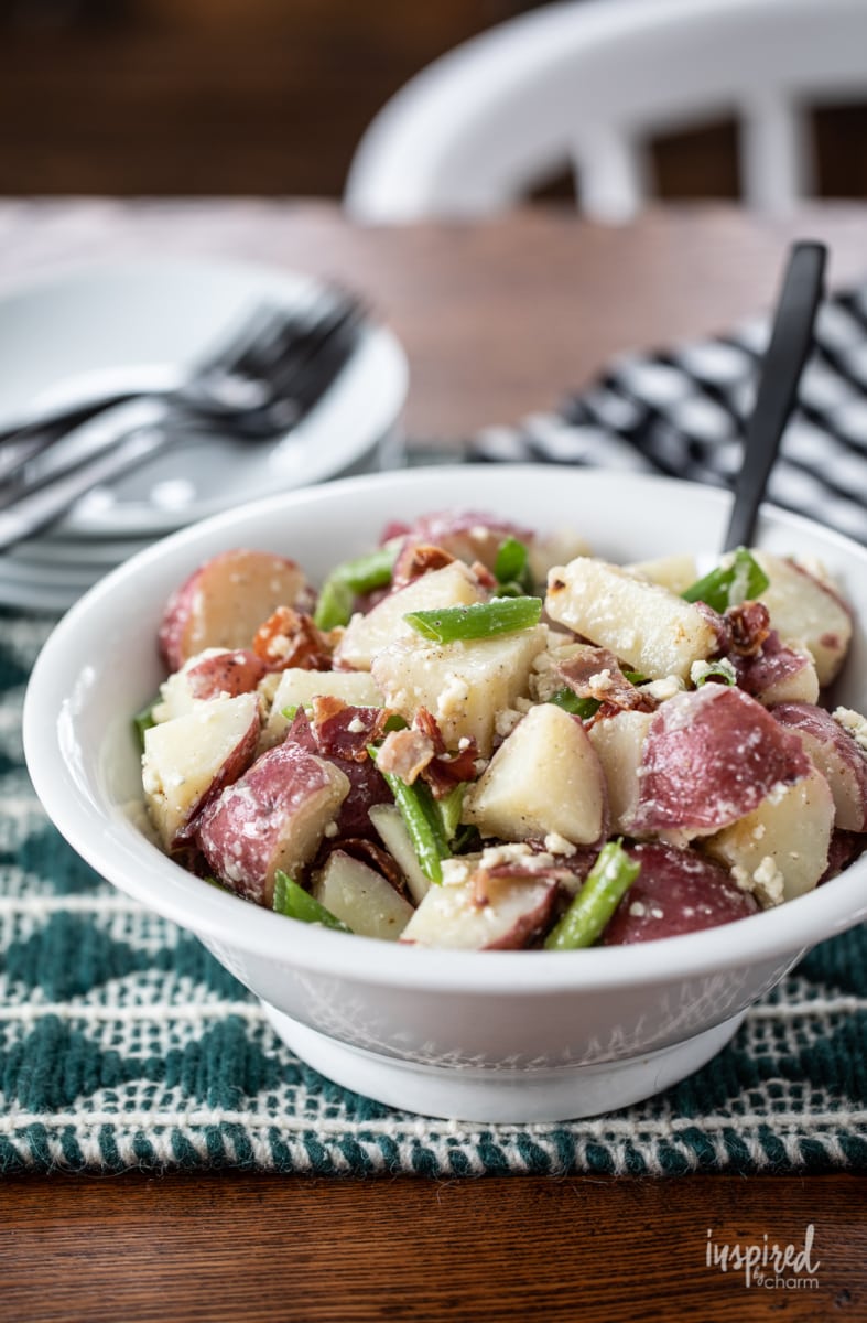 Bacon and Blue Cheese Potato Salad in a bowl. 