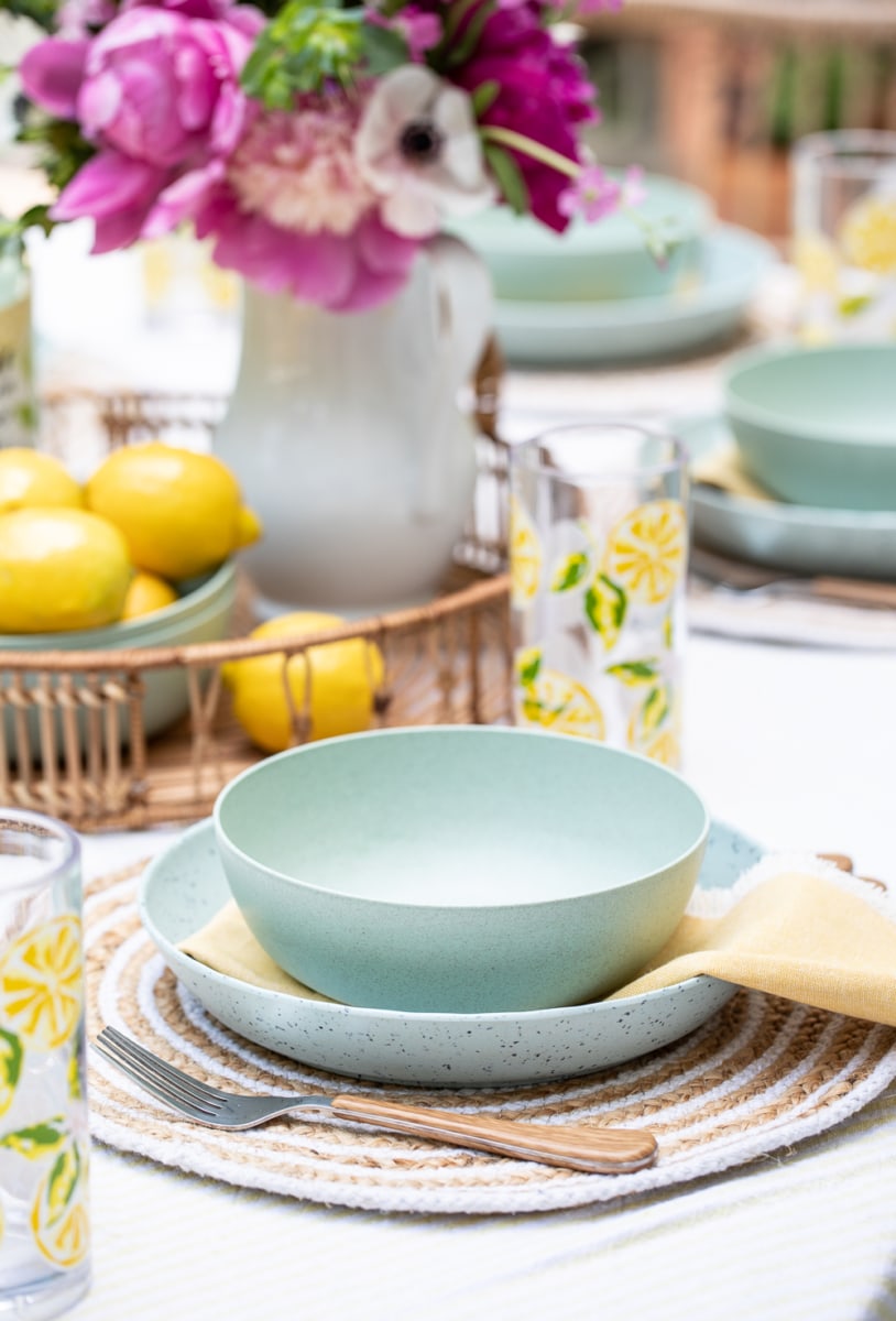 close up of a bowl and plate on and outdoor table setting.